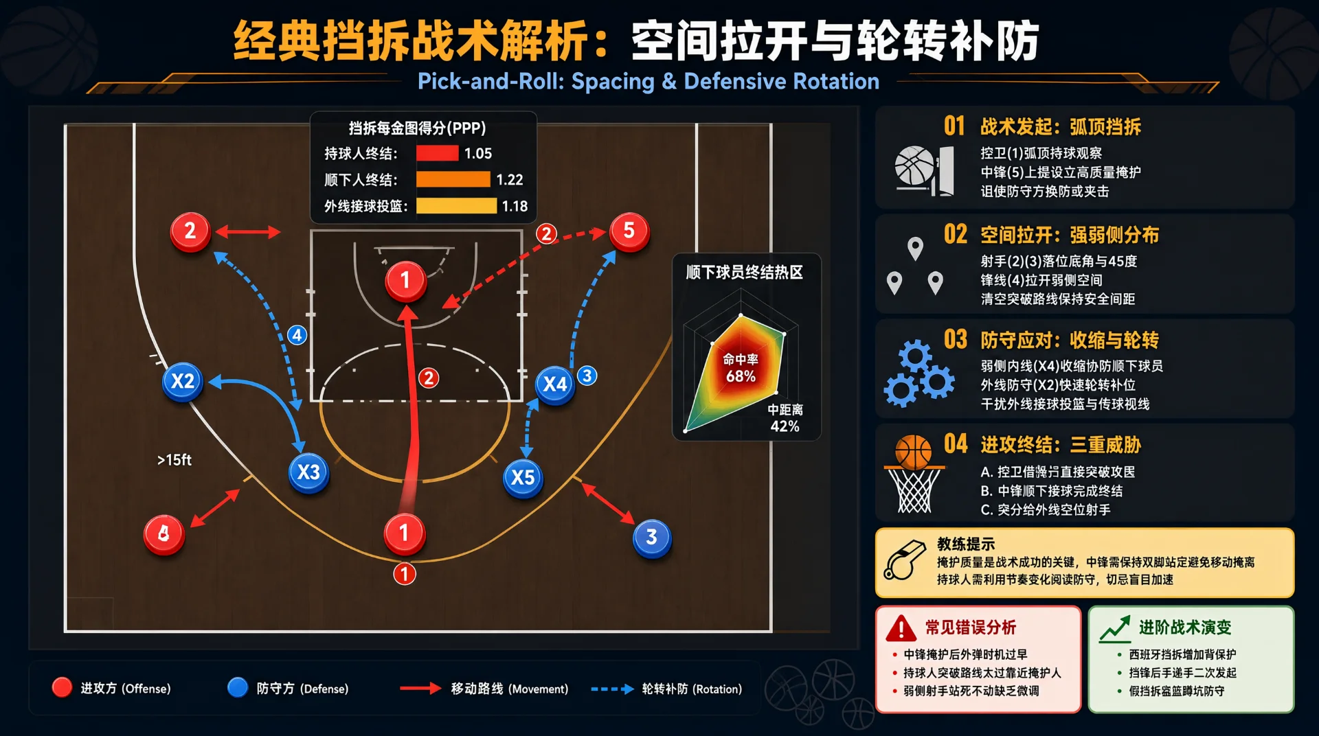 篮球战术板图：半场内红色圆圈与实线箭头表示进攻球员站位与移动路线，蓝色圆圈与虚线箭头表示防守及轮转补防，旁附得分图表、热区图与战术说明栏。
